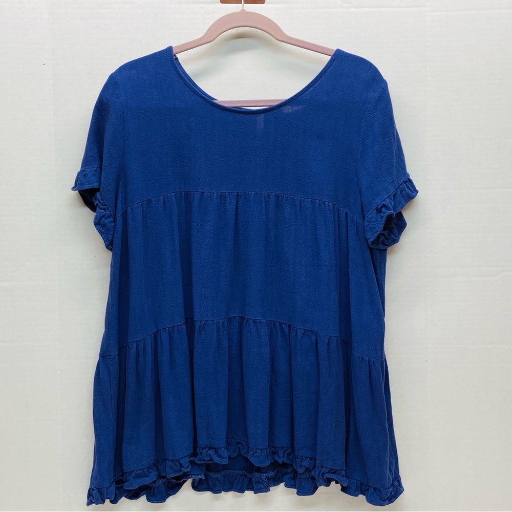 Umgee Womens Medium Blue Ruffle Tier Top Short Sleeve Babydoll Linen Blend Relax